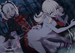  2girls against_tree anal_fingering anus bar_censor bent_over black_nails bow braid breasts censored colored_skin crying crying_with_eyes_open cum drooling ejaculating_while_penetrated ejaculation ereraero fingering fingernails forest french_braid futa_with_futa futanari grey_skin hair_between_eyes hair_ornament handsfree_ejaculation highres huge_penis lariss larissa_(sirius_the_jaeger) long_fingernails long_hair medium_hair multiple_girls multiple_penises nail_polish nature necktie nipples open_mouth orgasm outdoors pale_skin penis pointy_ears red_bow red_eyes red_necktie rolling_eyes sagging_testicles sex sex_from_behind sirius_the_jaeger skindentation small_breasts standing standing_sex stomach_bulge tamara_(sirius) tamara_(sirius_the_jaeger) tears teeth tenrou:_sirius_the_jaeger testicles tongue tongue_out tree upper_teeth_only vaginal veins veiny_penis white_hair 