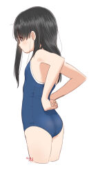  1girl black_eyes black_hair closed_mouth flat_chest from_behind groin highres loli off_shoulder original retsumaru school_swimsuit simple_background solo swimsuit thighs white_background 