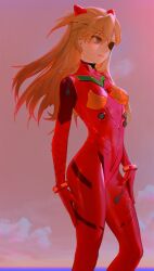  1girl blue_eyes bodysuit breasts cloud curvy evangelion:_3.0_you_can_(not)_redo expressionless eyepatch floating_hair highres horizon long_hair looking_to_the_side nagamerin neon_genesis_evangelion orange_hair outdoors rebuild_of_evangelion red_bodysuit shiny_clothes sky small_breasts solo souryuu_asuka_langley standing two_side_up wide_hips wind 