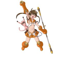  00s 1girl brown_eyes brown_hair elf flat_chest forest_keeper_nowa full_body highres hirata_katsuzou long_hair monkey nowa_(queen&#039;s_blade) nowa_(queen's_blade) official_art pointy_ears queen&#039;s_blade revealing_clothes ruu_(queen&#039;s_blade) simple_background skirt solo staff twintails 