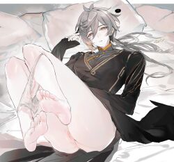  1boy ? changpao chinese_clothes chisongchuan1 cuntboy eyeliner genshin_impact greyscale legs legs_up looking_at_viewer lying makeup monochrome official_alternate_costume on_back on_bed panties_around_leg red_eyeliner seductive_gaze solo solo_focus speech_bubble zhongli_(genshin_impact) 