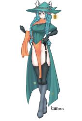  absurdres bad_tag blue_eyes boots breasts clothing_cutout dress gray green_dress green_hair highres humanization large_breasts legs long_legs military_vehicle motor_vehicle non-web_source orange_dress original personalcharacter shoes suspenders tank thighhighs witch 
