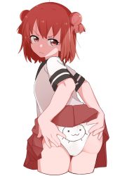 1girl ahoge akaza_akari annoyed ass back-print_panties bad_id bad_pixiv_id clothes_lift cowboy_shot double_bun flat_chest frown hair_bun highres lifted_by_self loli looking_to_the_side nanamori_school_uniform panties print_panties red_eyes red_hair school_uniform scowl simple_background skirt skirt_lift solo standing tennosuke_(prprhskpr_ten) underwear v-shaped_eyebrows white_background white_panties yuru_yuri  rating:Questionable score:40 user:yunoxa