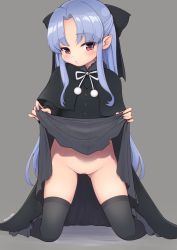  1girl black_bow black_capelet black_thighhighs blue_hair bow capelet clothes_lift commission deto dress dress_lift female_focus grey_background groin hair_bow hair_intakes highres kagetsu_tooya kneeling len_(tsukihime) lifting_own_clothes light_blue_hair loli long_hair long_sleeves looking_at_viewer no_panties pink_eyes pointy_ears pussy ribbon simple_background skeb_commission solo thighhighs thighs tsukihime twitter_username uncensored white_ribbon  rating:Explicit score:163 user:danbooru