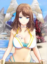 1girl 3d animated bare_shoulders blobcg blue_eyes bouncing_breasts breast_tattoo breasts brown_hair cleavage commentary english_commentary eunie_(xenoblade) head_wings large_breasts long_hair looking_at_viewer navel ocean official_alternate_costume smile solo sound swaying swimsuit tattoo video white_wings wings xenoblade_chronicles_(series) xenoblade_chronicles_3