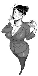 1girl :t ^^^ bad_id bad_tumblr_id bijin_onna_joushi_takizawa-san breasts cleavage eating food food_on_face foreshortening formal greyscale hair_bun highres huge_breasts jewelry legs long_hair looking_at_viewer mature_female miniskirt mole mole_under_mouth monochrome necklace pantyhose pearl_necklace pencil_skirt simple_background single_hair_bun skirt skirt_suit solo suit surprised synecdoche takizawa takizawa_kyouko thick_thighs thighs white_background rating:Sensitive score:139 user:danbooru