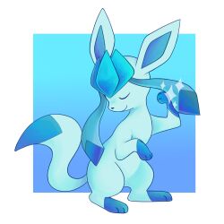 bad_tag blue_hair closed_eyes creatures_(company) game_freak gen_4_pokemon glaceon long_hair nintendo pokemon pokemon_(creature) robosylveon sidelocks smile standing