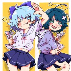  2girls ;q ahoge alternate_costume antennae blue_eyes blue_hair blue_skirt blush bobotatamu cirno closed_mouth commentary_request crossed_bandaids fang feet_out_of_frame flat_chest green_eyes green_hair highres holding looking_at_viewer medium_bangs multiple_girls navel neck_ribbon no_wings one_eye_closed open_mouth pleated_skirt purple_shirt red_ribbon ribbon sailor_collar shirt short_hair skin_fang skirt smile star_(symbol) tearing_up tongue tongue_out touhou white_sailor_collar white_shirt wink_star wriggle_nightbug 