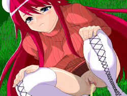 1girl blue_eyes blush boots breasts grass hands_on_own_knees hat large_breasts long_hair long_sleeves no_panties peeing pixel_art pubic_hair pussy red_hair red_sweater shinyanchi squatting sweat sweater thigh_boots uncensored white_footwear white_hat rating:Explicit score:1 user:cpee