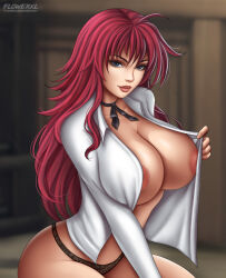  1girl absurdres artist_logo black_panties blue_eyes breasts brown_lips colored_nipples covered_erect_nipples female_focus flowerxl high_school_dxd highres huge_breasts large_breasts long_hair looking_at_viewer open_clothes open_shirt panties red_hair red_nipples rias_gremory sexually_suggestive shirt solo suggestive underwear 