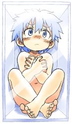 1girl barefoot blue_eyes blue_hair blush box feet in_box in_container loli navel nude oyatsu_(mk2) short_hair toes rating:Explicit score:28 user:buuda