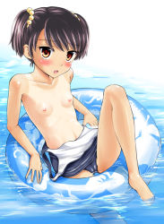  1girl barefoot black_hair blush breasts brown_eyes cameltoe clothes_pull feet flat_chest hair_bobbles hair_ornament innertube leg_up loli nipples one-piece_swimsuit one-piece_swimsuit_pull one-piece_tan open_mouth original school_swimsuit short_twintails small_breasts solo swim_ring swimsuit tamachi_yuki tan tanline twintails water wet 