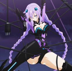  10s 1girl armor arms_up bdsm black_legwear blue_eyes bodysuit bondage bound bound_arms bound_legs braid breasts cable cleavage cleavage_cutout clothing_cutout covered_navel elbow_gloves flipped_hair gloves glowing greaves hair_between_eyes hair_ornament hip_focus leotard long_hair looking_down magical_girl narrow_waist neon_trim neptune_(neptunia) neptune_(series) one_eye_closed parted_lips power_symbol power_symbol-shaped_pupils purple_hair purple_heart_(neptunia) restrained rope screencap sidelocks solo spread_legs suspension symbol-shaped_pupils thighs turtleneck twin_braids vambraces very_long_hair watermark wince  rating:Questionable score:47 user:Darknesslover5000