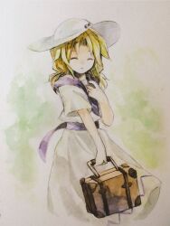  1girl blonde_hair closed_eyes commentary_request dress facing_viewer hand_up hat highres holding holding_suitcase kaigen_1025 louise_(touhou) low_twintails medium_hair painting_(medium) parted_bangs parted_lips purple_sash sash short_sleeves solo suitcase touhou touhou_(pc-98) traditional_media twintails watercolor_(medium) white_dress white_hat 