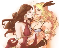 2girls amazon_(dragon&#039;s_crown) armlet armor bare_shoulders bikini_armor blonde_hair blush breasts circlet cleavage criss-cross_halter dragon&#039;s_crown eye_contact feathers flauschtraut gloves halterneck halterneck jewelry large_breasts long_hair looking_at_another morgan_rizilia multiple_girls muscular muscular_female smile yuri rating:Questionable score:59 user:danbooru