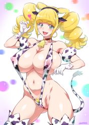 1girl :d animal_ears animal_print bare_shoulders bell blonde_hair blush breasts choker cleavage cleft_of_venus cone_hair_bun covered_erect_nipples cow_ears cow_horns cow_print cow_print_bikini cow_tail cure_sparkle earrings fake_animal_ears fang female_pubic_hair gloves gluteal_fold green_eyes hair_bun healin&#039;_good_precure highres hiramitsu_hinata horns jewelry joy_ride large_breasts looking_at_viewer navel neck_bell open_mouth partially_visible_vulva precure print_bikini pubic_hair slingshot_swimsuit smile solo swimsuit tail thighhighs twintails wedgie rating:Questionable score:131 user:danbooru