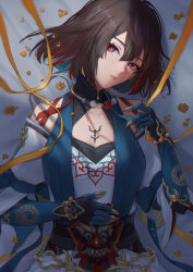  1girl above_cleavage_cutout belt black_belt blue_gloves blue_hair blue_sleeves breasts bright_pupils brown_hair chest_tattoo clawed_gauntlets clothing_cutout commentary_request detached_sleeves gloves hair_between_eyes hand_on_own_stomach highres honkai:_star_rail honkai_(series) looking_at_viewer lying medium_breasts michiko_(ui29) multicolored_hair on_back parted_lips red_eyes red_hair shirt short_hair shoulder_cutout sidelocks solo tattoo upper_body white_pupils white_shirt xueyi_(honkai:_star_rail) yin_yang 