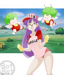  1girl 2020 2boys absurdres aged_up android antennae artist_name bush clothes_writing cloud dated dr._slump flower glasses gloves grass green_hair hat highres long_hair mountain multiple_boys norimaki_arale norimaki_gajira open_mouth outdoors pasaway_komiks purple_eyes purple_hair sky smile tree winged_hat  rating:Sensitive score:13 user:Sonofgaia