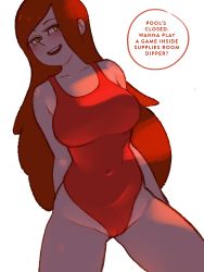  1girl alternate_breast_size bare_arms bare_shoulders blush body_freckles cameltoe collarbone covered_navel cowboy_shot dutch_angle english_text facing_viewer freckles freckles_on_shoulder gravity_falls green_eyes highres long_hair looking_at_viewer nonesaint one-piece_swimsuit open_mouth red_hair red_one-piece_swimsuit shadow simple_background smile solo speech_bubble swept_bangs swimsuit very_long_hair wendy_corduroy white_background  rating:Sensitive score:116 user:danbooru
