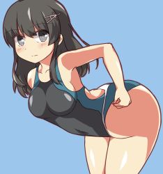  1girl alternate_costume bent_over black_hair black_one-piece_swimsuit blue_background competition_swimsuit cowboy_shot from_side grey_eyes hair_ornament hairclip kantai_collection long_hair looking_at_viewer one-piece_swimsuit oyashio_(kancolle) simple_background solo standing swimsuit wahiko_(black_bastard)  rating:Sensitive score:6 user:danbooru