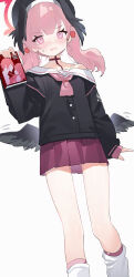  1girl absurdres beret black_hat black_shirt black_wings blue_archive blush feet_out_of_frame gluteal_fold hat head_wings highres koharu_(blue_archive) long_hair long_sleeves looking_at_viewer loose_socks measho open_mouth pink_eyes pink_hair pleated_skirt red_skirt sailor_collar sailor_shirt shirt simple_background skirt socks solo twintails white_background white_sailor_collar white_socks wings 