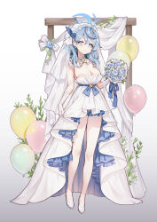  1girl absurdres ako_(blue_archive) alternate_costume balloon blue_archive blue_eyes blue_flower blue_hair blue_rose bouquet breasts bridal_veil cleavage collar dress earrings flower frilled_dress frills full_body gloves gradient_background hair_flower hair_ornament halo highres holding holding_bouquet jewelry lace lace-trimmed_gloves lace_trim large_breasts medium_hair picter rose skirt_hold solo strapless strapless_dress thighs veil wedding_dress white_dress white_footwear white_gloves 