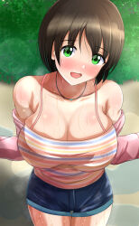  1girl bare_shoulders blush breasts bush camisole cleavage collarbone commentary_request covered_erect_nipples day from_above green_eyes harada_miyo highres idolmaster idolmaster_cinderella_girls jewelry large_breasts looking_at_viewer no_(pixiv32843369) off-shoulder_jacket off_shoulder open_mouth outdoors pendant plant see-through short_hair short_shorts shorts solo striped_camisole striped_clothes sweat thighs very_sweaty 