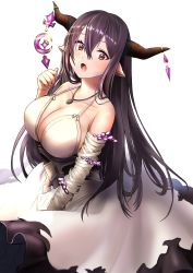 1girl bandaged_arm bandages black_hair blush breasts cleavage danua draph dress gloves granblue_fantasy hair_between_eyes hal_(stsff) highres horn_ornament horns jewelry large_breasts long_hair necklace open_mouth pointy_ears purple_hair red_eyes solo rating:Sensitive score:17 user:danbooru