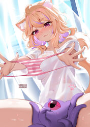  1girl animal_ear_fluff animal_ears bare_shoulders blonde_hair cat_ears colored_inner_hair commentary curtains highres holding holding_clothes holding_panties holding_underwear indie_virtual_youtuber medium_hair multicolored_hair off-shoulder_shirt off_shoulder panties paw_print pink_eyes presenting_removed_panties purple_hair see-through shirt short_sleeves shyrei_faolan sitting solo squchan streaked_hair striped_clothes striped_panties thighs underwear 