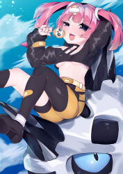  1girl :d absurdres arm_behind_head arm_up black_hair black_pantyhose black_shirt black_shorts black_socks blue_eyes blue_sky blush breasts candy chiitamu cloud commentary_request coral_(pokemon) creatures_(company) crop_top day fang food game_freak gen_3_pokemon gen_7_pokemon glalie hair_ornament hairclip half-closed_eye hand_up highres holding holding_candy holding_food holding_lollipop kneehighs lollipop long_sleeves multicolored_hair nintendo open_mouth outdoors pantyhose pink_hair pokemon pokemon_(anime) pokemon_(creature) pokemon_horizons puffy_long_sleeves puffy_sleeves rowlet shirt shorts single_kneehigh single_sock sky small_breasts smile socks twintails two-tone_hair underboob uneven_eyes x_hair_ornament yellow_shorts 