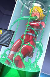 1girl arms_behind_back bdsm blonde_hair blue_eyes blush bodysuit bondage bound breasts closed_eyes clover_(totally_spies) fellatio highres impossible_bodysuit impossible_clothes large_breasts metal_belt nose_blush oral red_bodysuit restrained shio-bari short_hair simulated_fellatio slime_(creature) slime_(substance) solo stasis_tank stationary_restraints totally_spies whoop_catsuit 