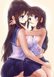 2girls amasora_taichi asymmetrical_docking bare_arms bare_shoulders blue_eyes blue_sailor_collar blue_skirt breast_press breasts brown_background brown_hair commentary_request eye_contact female_focus food highres incest large_breasts long_hair looking_at_another medium_breasts multiple_girls original pleated_skirt pocky pocky_kiss sailor_collar school_uniform serafuku shared_food shirt siblings sideboob sisters sitting skirt sleeveless sleeveless_shirt very_long_hair yuri rating:Sensitive score:39 user:danbooru