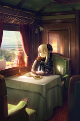  1girl absurdres asagi_futsuka black_hat blonde_hair blue_eyes booth_seating cake carpet chair cup curtains fate/grand_order fate_(series) food gloves hand_on_own_chin hat highres indoors lampshade long_hair looking_outside lord_el-melloi_ii_case_files plate reines_el-melloi_archisorte saucer sitting smile solo table teacup tilted_headwear train_interior tree window 