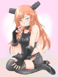  1girl black_gloves black_one-piece_swimsuit blue_eyes bobabo breasts collar competition_swimsuit fake_horns gloves gradient_background grey_skirt grey_thighhighs headgear highres horned_headwear horns kantai_collection kneeling long_hair medium_breasts metal_collar one-piece_swimsuit orange_hair pink_background salmon_(kancolle) skirt smile solo steepled_fingers swimsuit thighhighs two-tone_swimsuit 