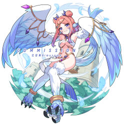  1girl animal_ears anklet artist_name bimusama bird_ears bird_legs blue_feathers blue_wings blush breasts commentary_request commission double_bun facial_mark feathered_wings feathers flying hair_bun harpy highres jewelry long_hair looking_at_viewer medium_breasts monster_girl open_mouth original outdoors parted_bangs pink_hair purple_eyes revealing_clothes sidelocks solo talons tower underboob white_feathers winged_arms wings 