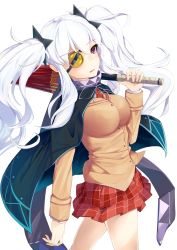 10s 1girl aiya albino bad_id bad_pixiv_id between_breasts breasts cape capelet closed_umbrella eyepatch holding impossible_clothes large_breasts long_hair necktie plaid plaid_skirt red_eyes senran_kagura sidelocks skirt solo standing twintails umbrella white_hair yagyu_(senran_kagura)
