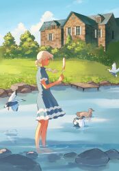  1girl bird blue_dress blue_sky blush braid braided_ponytail brown_eyes bush closed_mouth cloud cloudy_sky dock dress duck feathers floating_hair from_side full_body grass highres hill holding holding_feather house looking_at_animal low_ponytail original outdoors profile reflection reflective_water river rock short_sleeves sky smile solo taizo_(taizo_03) tree wading water white_hair 
