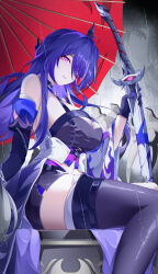  1girl absurdres acheron_(honkai:_star_rail) ahoge alternate_breast_size armor bandaged_leg bandages bare_shoulders belt black_belt black_choker black_gloves black_shorts boots breasts chinese_commentary choker cleavage coat coattails commentary_request criss-cross_halter diamond-shaped_pupils diamond_(shape) eyes_visible_through_hair feet_out_of_frame from_side gloves hair_intakes hair_ornament hair_over_one_eye halterneck highres holding holding_sword holding_weapon honkai:_star_rail honkai_(series) large_breasts long_hair looking_at_viewer midriff multicolored_hair navel oil-paper_umbrella parted_lips purple_eyes purple_hair rain red_umbrella scabbard sheath sheathed shorts shoulder_armor single_wide_sleeve sitting solo streaked_hair sword symbol-shaped_pupils thigh_boots thighs umbrella very_long_hair weapon white_coat ziluolan_jia_de_mao 