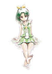  1girl adapted_costume arm_support barefoot bow brown_eyes closed_mouth collarbone cosplay cure_march cure_march_(cosplay) full_body green_hair green_neckwear green_shirt green_skirt hair_between_eyes hair_bow hair_intakes high_ponytail long_hair looking_at_viewer midorikawa_nao miniskirt nita_(onakatohoppe) pleated_skirt precure shirt simple_background sitting skirt sleeveless sleeveless_shirt smile smile_precure! soaking_feet soles solo white_background yellow_bow 