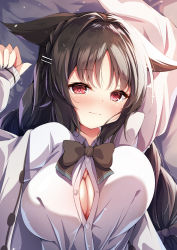  1girl animal_ears azur_lane black_bow black_bowtie black_hair blush bow bowtie breasts button_gap cat_ears cat_girl cleavage closed_mouth collared_shirt from_above hair_ornament hairclip highres large_breasts long_hair long_sleeves looking_at_viewer lying madotsukumo official_alternate_costume on_back ooshio_(azur_lane) ooshio_(let&#039;s_&#039;ave_lunch)_(azur_lane) peaceful_smile red_eyes shiny_skin shirt smile solo upper_body white_shirt wing_collar 