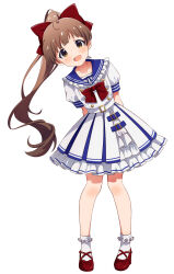  1girl :d ahoge alternate_hairstyle arms_behind_back bare_legs belt blue_dress blue_ribbon blush bow breasts brown_hair buttons collarbone commentary_request double-breasted dress footwear_bow frilled_dress frilled_shirt_collar frilled_socks frills full_body goma_konbu hair_bow hakozaki_serika high_heels high_ponytail highres idolmaster idolmaster_million_live! layered_dress leaning_to_the_side long_hair looking_at_viewer official_style open_mouth orange_eyes pleated_dress puffy_short_sleeves puffy_sleeves red_bow red_footwear ribbon short_sleeves simple_background small_breasts smile socks solo standing tachi-e tareme two-tone_dress very_long_hair white_background white_belt white_dress white_socks 
