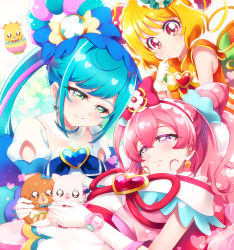  ahoge ankle_bow ankle_ribbon aqua_hair back_bow blonde_hair blue_bow blush bow bowl brooch bun_cover china_dress chinese_clothes choker closed_mouth commentary_request cone_hair_bun cure_precious cure_spicy cure_yum-yum delicious_party_precure dog dragon dress drill_hair earrings finger_to_mouth fork fox fuwa_kokone gloves green_eyes hair_bow hair_bun half-closed_eyes hanamichi_ran headdress heart heart_background heart_brooch huge_bow in_bowl in_container index_finger_raised jewelry kome-kome_(precure) leg_ribbon long_hair looking_at_another looking_at_viewer lying magical_girl mem-mem_(precure) mini_koala multicolored_hair nagomi_yui on_back pam-pam_(precure) parted_lips partial_commentary peaceful_smile pink_bow pink_choker pink_hair ponytail precure red_eyes ribbon sidelocks smile spoon streaked_hair triple_bun two_side_up upper_body white_gloves white_stripes yellow_bow 