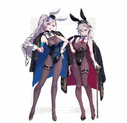 2girls animal_ears asymmetrical_legwear black_coat black_corset breasts cane coat coat_on_shoulders commentary_request corset cuffs fishnets gloves handcuffs high_heels highres holding holding_handcuffs hololive hololive_indonesia indie_virtual_youtuber large_breasts leotard looking_at_viewer multiple_girls pavolia_reine playboy_bunny pochi_(pochi-goya) pochimaru_(vtuber) pochimaru_(vtuber)_(4th_costume) rabbit_ears ribbon virtual_youtuber white_gloves