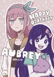  +_+ 2girls aubrey_(faraway)_(omori) aubrey_(headspace)_(omori) aubrey_(omori) blue_eyes blue_shirt bow character_name closed_mouth collarbone crop_top dated hair_bow hairband happy_birthday highres holding holding_stuffed_toy inui_mamoru jacket long_hair long_sleeves looking_at_viewer multiple_girls omori pink_bow pink_hair purple_eyes purple_hair shirt short_sleeves stuffed_eggplant stuffed_toy white_jacket 