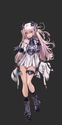  1girl absurdres animal_ears bare_shoulders bear_ears black_background blue_eyes coat dress embarrassed fang flat_chest floating_hair full_body hair_between_eyes headphones highres jacket knees_together_feet_apart long_hair mechanical_arms mechanical_ears multicolored_eyes no_nose open_mouth pink_hair punishing:_gray_raven short_dress short_sleeves sidelocks skin_fang solo speedoflight teddy_(punishing:_gray_raven) thighlet thighs very_long_hair white_coat white_dress white_jacket 