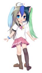  1girl :3 :d ahoge animal_ears aqua_eyes artist_name blue_eyes blue_hair blue_wristband blush bow bowtie brown_hair chimerism fang flat_chest full_body fusion futaba_channel green_hair hair_between_eyes heterochromia highres kneehighs loafers loli long_hair looking_at_viewer mcsadat moetron multicolored_bow multicolored_bowtie multicolored_hair navel open_mouth panties pantyshot pink_bow pink_bowtie pink_skirt pleated_skirt sailor_collar school_uniform serafuku shirt shoes single_animal_ear skirt smile socks solo thighhighs twintails underwear unworn_shoes white_panties white_shirt wristband yellow_bow yellow_bowtie 