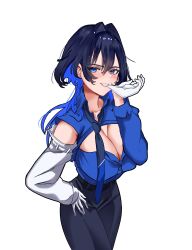  1girl absurdres asymmetrical_clothes black_hair blue_eyes blue_hair blue_shirt breasts cleavage cleavage_cutout clenched_teeth clothing_cutout colored_inner_hair cowboy_shot curvy detached_sleeves dress from_above gloves grin hair_intakes highres hololive hololive_english koizumi_arata large_breasts long_hair long_skirt looking_at_viewer loose_necktie multicolored_hair necktie ouro_kronii ouro_kronii_(4th_costume) shirt skirt smile solo teeth virtual_youtuber white_gloves 