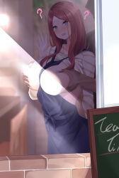  1boy 1girl :d ? absurdres apron between_breasts blue_eyes blurry blurry_background breasts brown_hair clothes_between_breasts clothes_lift commentary_request dark-skinned_male dark_skin go-toubun_no_hanayome grabbing grabbing_another&#039;s_breast grabbing_from_behind hand_up highres interracial large_breasts light_censor long_hair looking_at_viewer menu_board micosiva nakano_miku open_hand open_mouth paid_reward_available shirt shirt_lift smile solo_focus spoken_question_mark striped_clothes striped_shirt waving window 