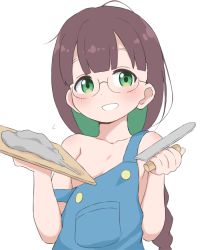 1girl blue_overalls blush braid braided_ponytail breasts brown_hair bubukka collarbone convenient_censoring do_it_yourself!! female_focus glasses green_eyes hikage_takumi holding loli long_hair looking_at_viewer naked_overalls off_shoulder overalls simple_background small_breasts solo upper_body white_background  rating:Questionable score:79 user:danbooru