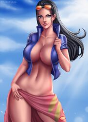  1girl absurdres artist_name belly black_hair blue_eyes breasts cleavage covered_breasts eyewear_on_head female_focus flowerxl glasses glasses_on_head highres huge_breasts jacket large_breasts legs long_hair midriff navel nico_robin one_piece skirt solo standing sunglasses sunglasses_on_head tagme thighs unzipped watermark web_address 